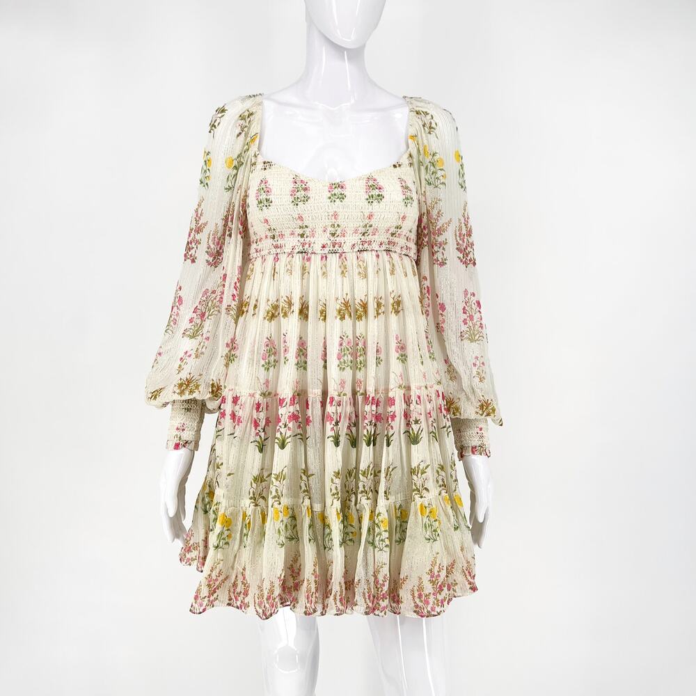 Hemant & Nandita Smocked Floral Mini Dress White Multicolor Floral NWT Size XS